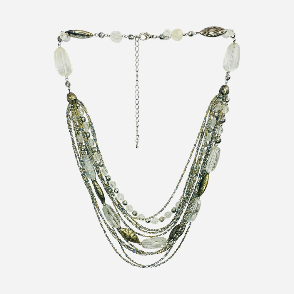 Multi Strand Beaded Layered Necklace Silver Gold Clear Statement Boho 23 Inch